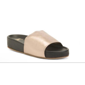 Women's BEEK Pelican Leather Slide Sandals in Bronze & Black Size